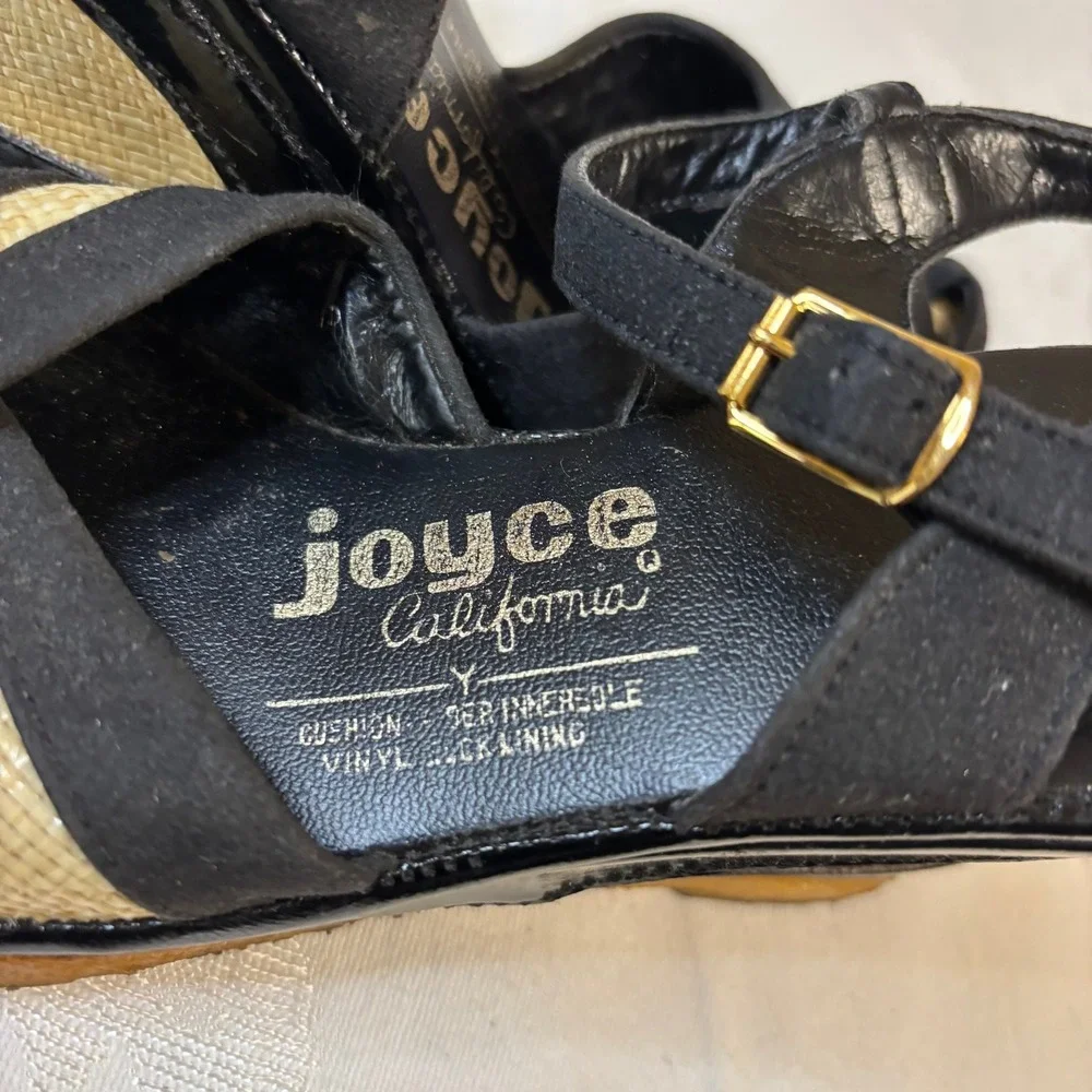 Vintage Joyce California Black Tan Woven Wedge Sandals Ankle Strap Retro 50s 60s
